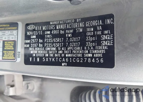 2012 Kia Sorento Lx из США, поврежденный, VIN 5XYKTCA61CG278456